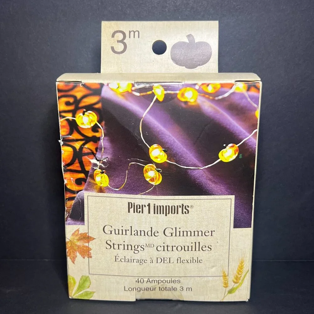 NIB Pier 1 Imports Halloween 10ft Pumpkin Glimmer Strings 40 Flexible LED Lights